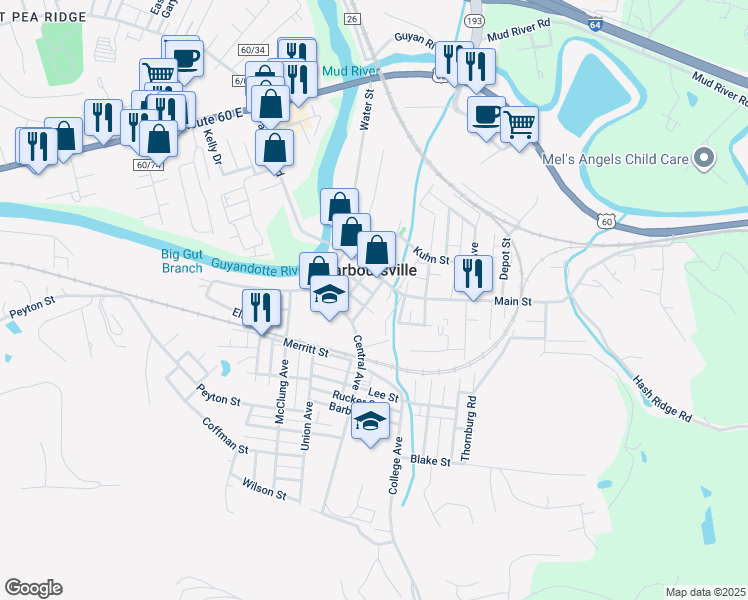 map of restaurants, bars, coffee shops, grocery stores, and more near in Barboursville