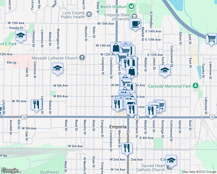 map of restaurants, bars, coffee shops, grocery stores, and more near 831 Constitution Street in Emporia