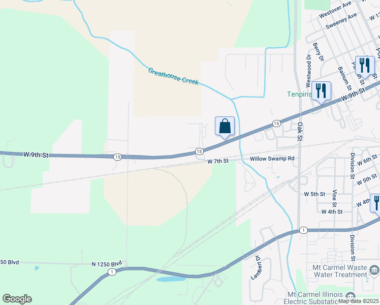 map of restaurants, bars, coffee shops, grocery stores, and more near 1685 West 9th Street in Mount Carmel