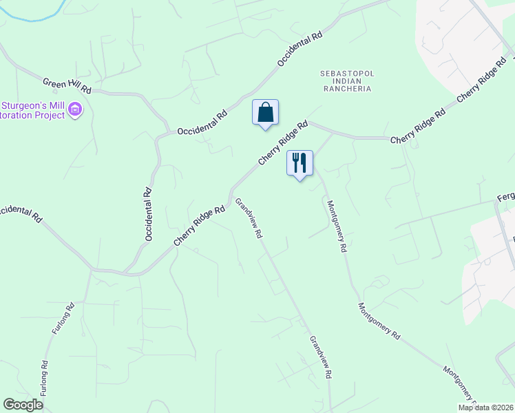 map of restaurants, bars, coffee shops, grocery stores, and more near 1365 Grandview Road in Sebastopol