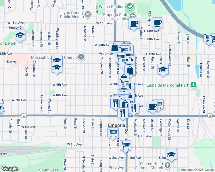 map of restaurants, bars, coffee shops, grocery stores, and more near 831 Constitution Street in Emporia