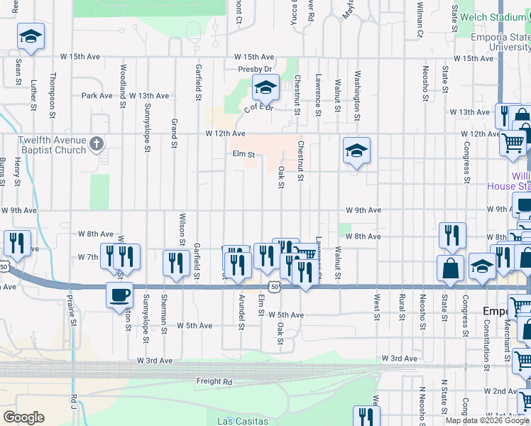 map of restaurants, bars, coffee shops, grocery stores, and more near 909 Elm St in Emporia