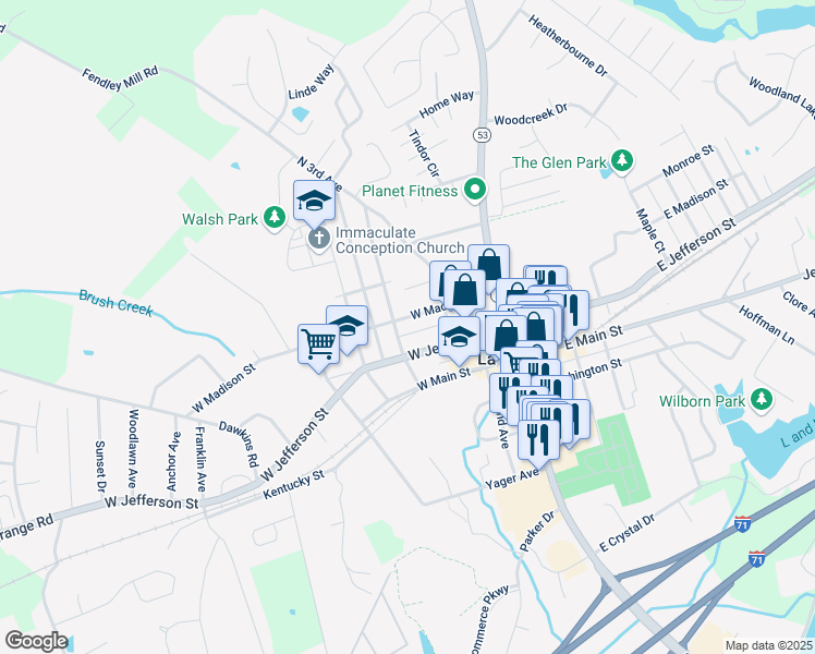 map of restaurants, bars, coffee shops, grocery stores, and more near 312 West Madison Street in La Grange