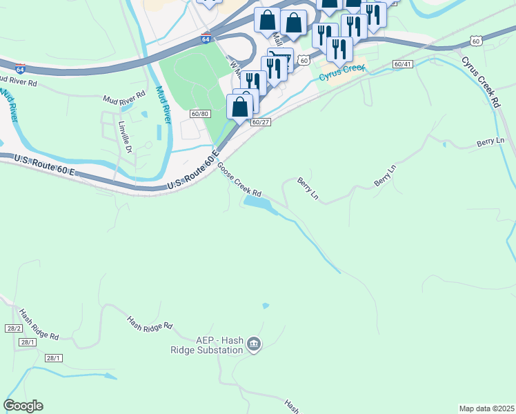 map of restaurants, bars, coffee shops, grocery stores, and more near 10-1460 Goose Creek Road in Barboursville