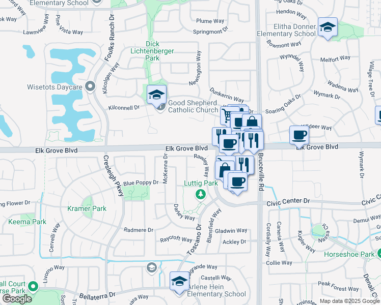 map of restaurants, bars, coffee shops, grocery stores, and more near 6813 Rawley Way in Elk Grove