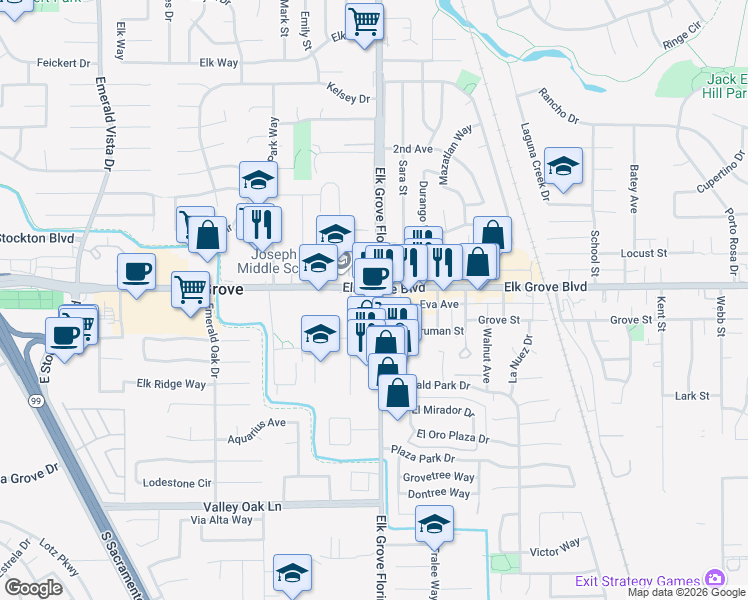 map of restaurants, bars, coffee shops, grocery stores, and more near 8890 Elk Grove Boulevard in Elk Grove