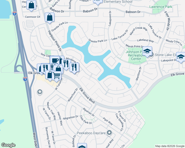 map of restaurants, bars, coffee shops, grocery stores, and more near 9595 Harbour Bay Place in Elk Grove