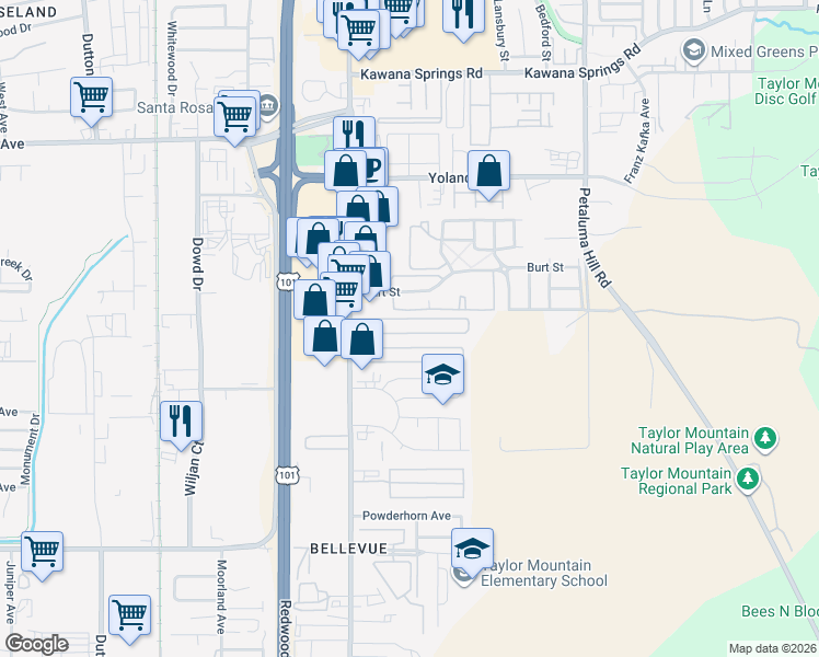 map of restaurants, bars, coffee shops, grocery stores, and more near 345 Ricardo Avenue in Santa Rosa