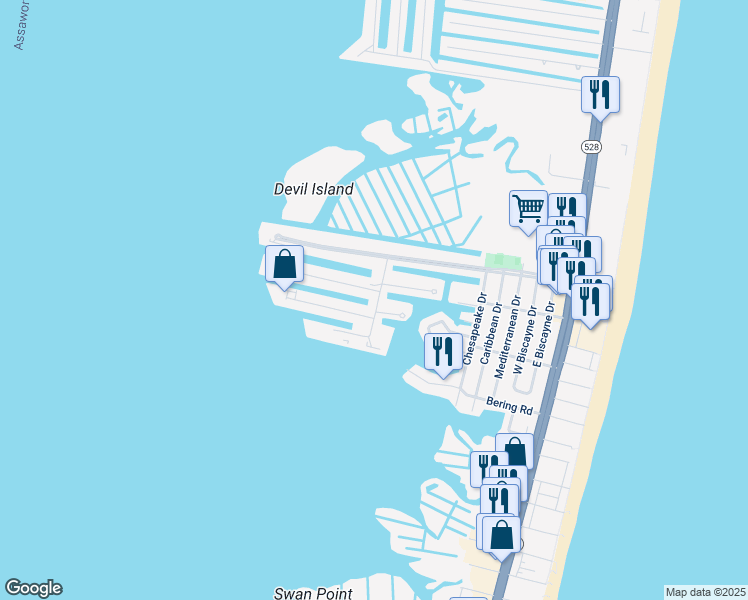 map of restaurants, bars, coffee shops, grocery stores, and more near 712A Mooring Road in Ocean City