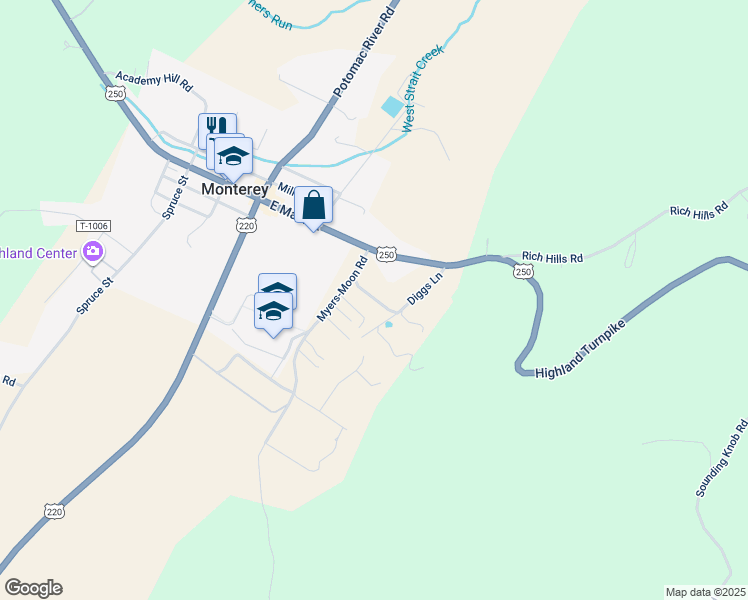 map of restaurants, bars, coffee shops, grocery stores, and more near Myers-Moon Road in Monterey