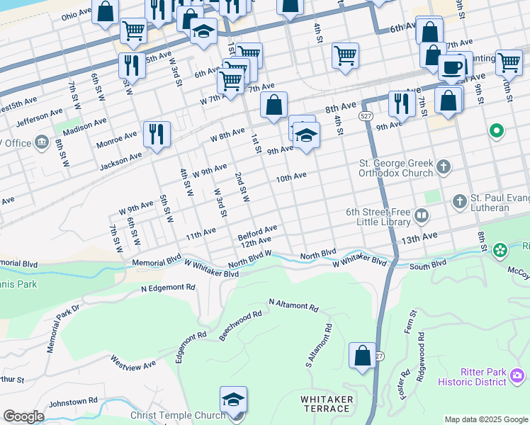 map of restaurants, bars, coffee shops, grocery stores, and more near 114 11th Ave in Huntington