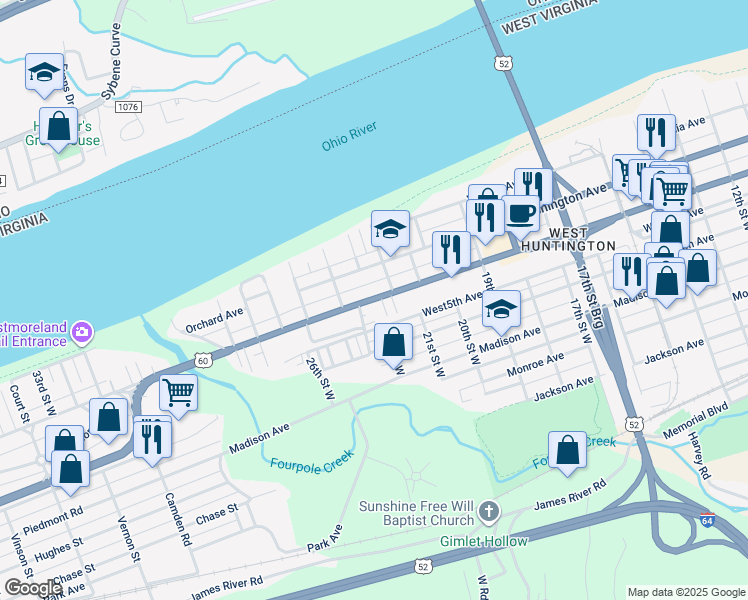 map of restaurants, bars, coffee shops, grocery stores, and more near 2222 Adams Avenue in Huntington