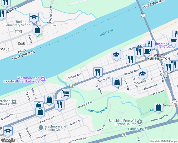 map of restaurants, bars, coffee shops, grocery stores, and more near 2510 Smith Street in Huntington