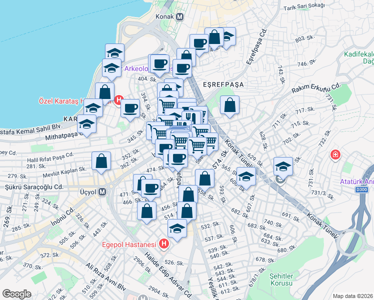 map of restaurants, bars, coffee shops, grocery stores, and more near Eşrefpaşa Caddesi in Konak