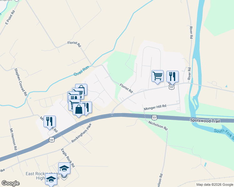 map of restaurants, bars, coffee shops, grocery stores, and more near 451 Florist Road in Elkton