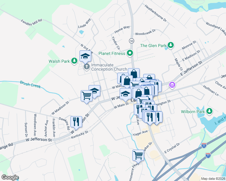 map of restaurants, bars, coffee shops, grocery stores, and more near 312 West Madison Street in La Grange