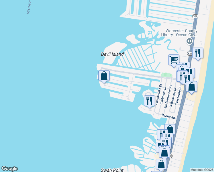 map of restaurants, bars, coffee shops, grocery stores, and more near 792 Bradley Road in Ocean City