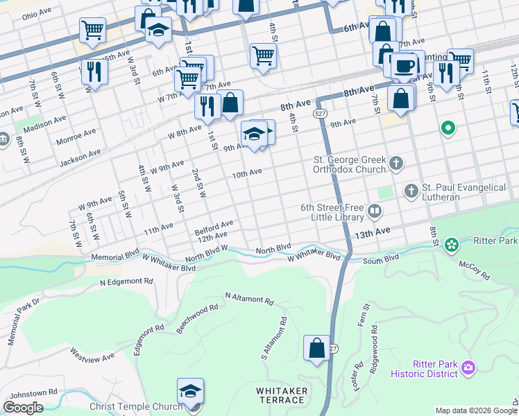 map of restaurants, bars, coffee shops, grocery stores, and more near 225 11th Ave in Huntington