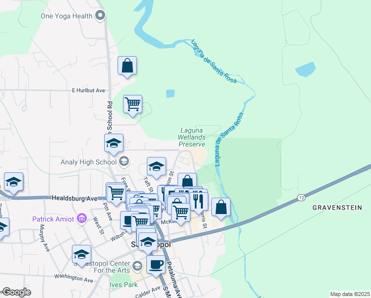 map of restaurants, bars, coffee shops, grocery stores, and more near 465 Morris Street in Sebastopol