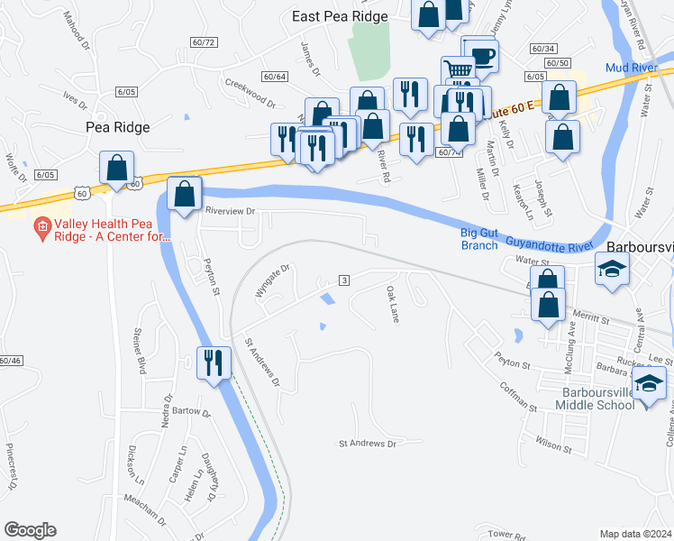 map of restaurants, bars, coffee shops, grocery stores, and more near 200 Peyton Street in Barboursville