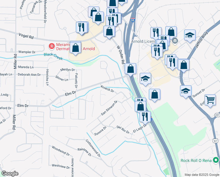 map of restaurants, bars, coffee shops, grocery stores, and more near 7 Kroeck Drive in Arnold