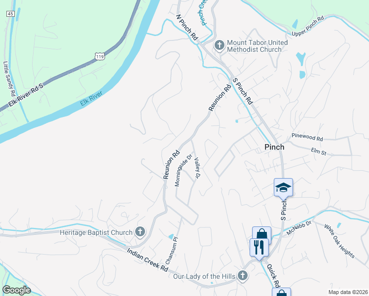 map of restaurants, bars, coffee shops, grocery stores, and more near 58-60 Valley Dr in Elkview