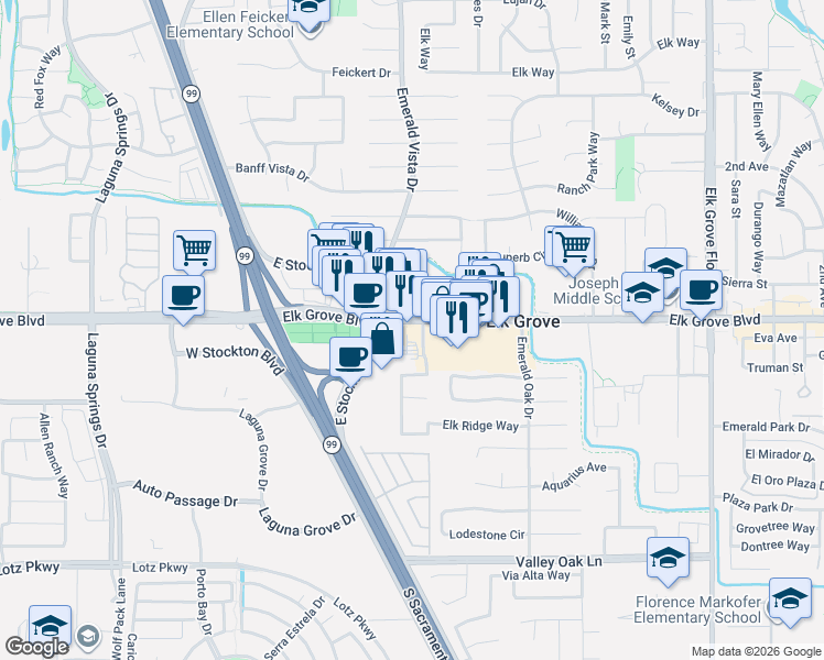 map of restaurants, bars, coffee shops, grocery stores, and more near 8670 Elk Grove Boulevard in Elk Grove
