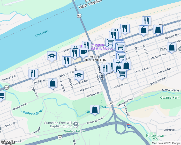map of restaurants, bars, coffee shops, grocery stores, and more near 1750 Jefferson Avenue in Huntington