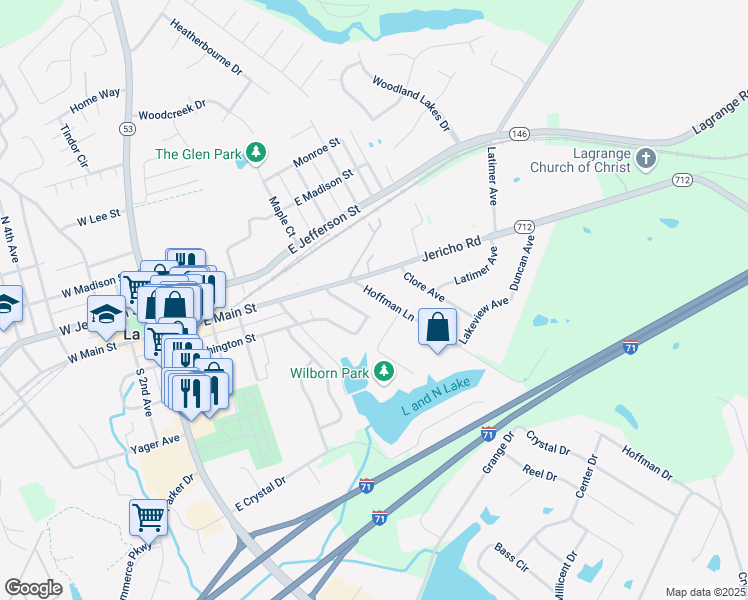 map of restaurants, bars, coffee shops, grocery stores, and more near 114 Hoffman Lane in La Grange