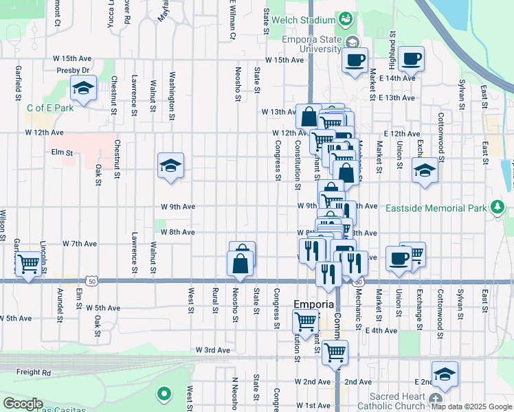 map of restaurants, bars, coffee shops, grocery stores, and more near 907 Congress Street in Emporia