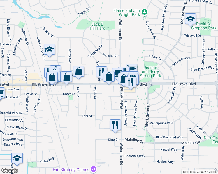 map of restaurants, bars, coffee shops, grocery stores, and more near 9248 Elk Grove Boulevard in Elk Grove