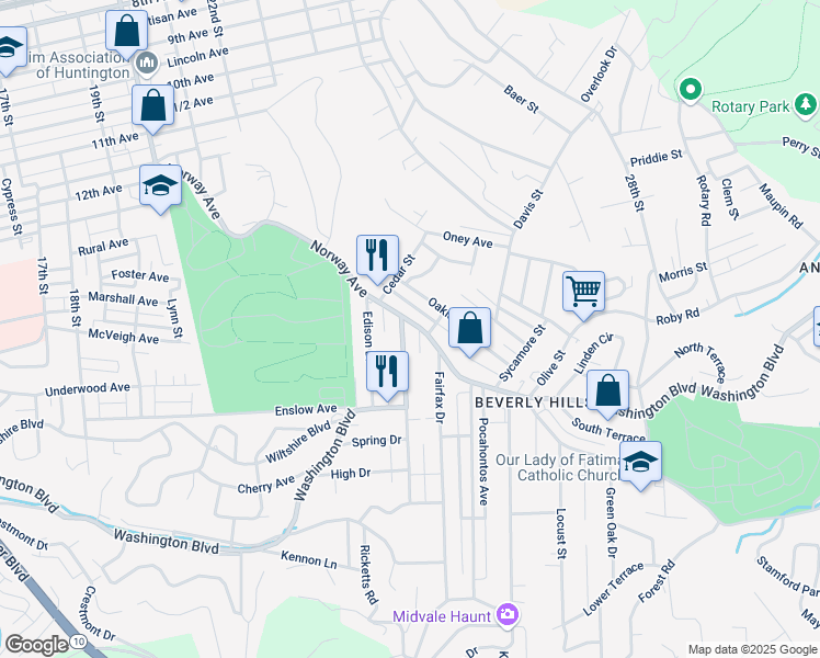 map of restaurants, bars, coffee shops, grocery stores, and more near 104 Woodland Drive in Huntington
