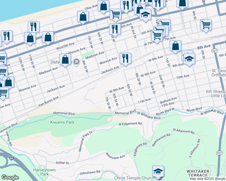 map of restaurants, bars, coffee shops, grocery stores, and more near 598 West 9th Avenue in Huntington
