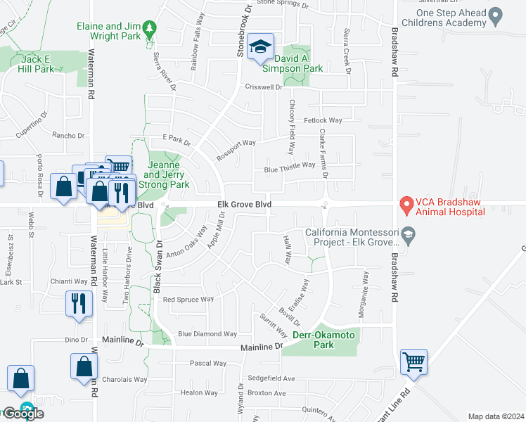 map of restaurants, bars, coffee shops, grocery stores, and more near 9517 Grasmeer Way in Elk Grove