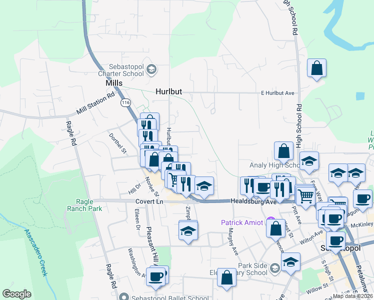 map of restaurants, bars, coffee shops, grocery stores, and more near 753 Hurlbut Avenue in Sebastopol