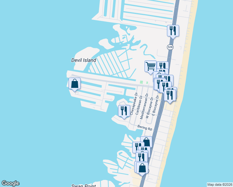 map of restaurants, bars, coffee shops, grocery stores, and more near 611 Salt Spray Road in Ocean City
