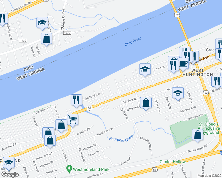 map of restaurants, bars, coffee shops, grocery stores, and more near 416 West 25th Street in Huntington