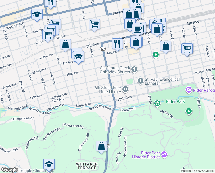 map of restaurants, bars, coffee shops, grocery stores, and more near 1150-1198 5th St in Huntington