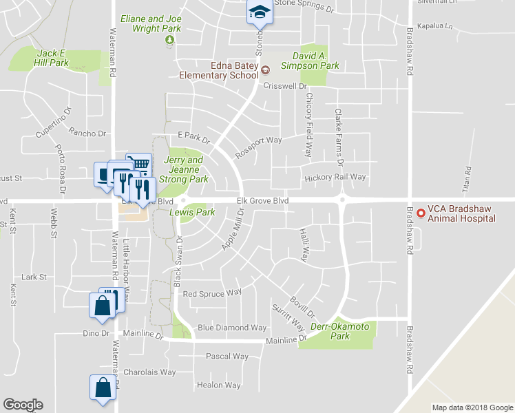 map of restaurants, bars, coffee shops, grocery stores, and more near 9493 Grasmeer Way in Elk Grove