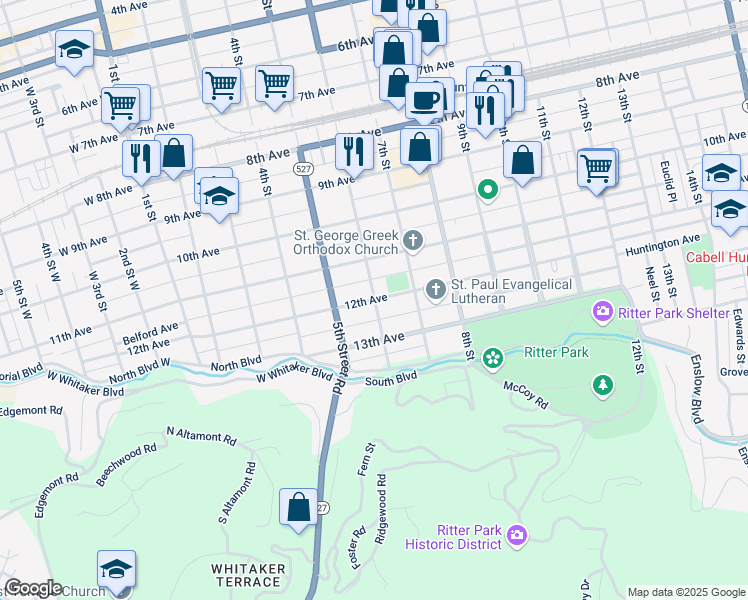 map of restaurants, bars, coffee shops, grocery stores, and more near 1199 6th Street in Huntington