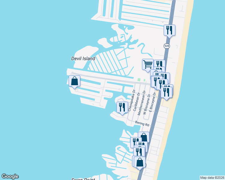 map of restaurants, bars, coffee shops, grocery stores, and more near 611 Salt Spray Road in Ocean City