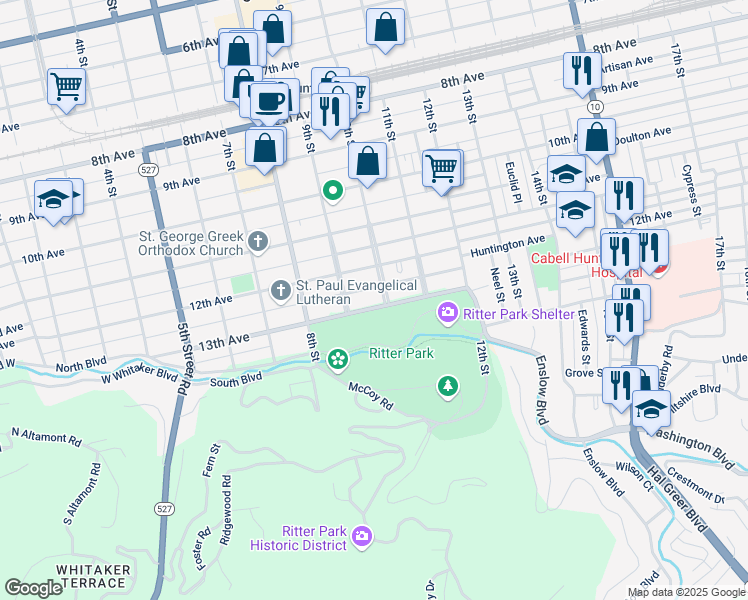 map of restaurants, bars, coffee shops, grocery stores, and more near 1006 13th Avenue in Huntington