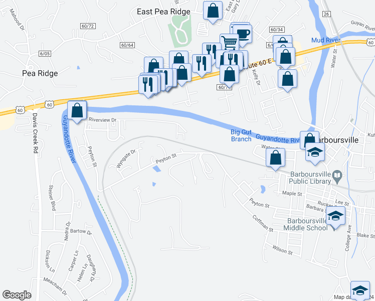 map of restaurants, bars, coffee shops, grocery stores, and more near 360 Peyton Street in Barboursville