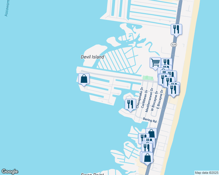 map of restaurants, bars, coffee shops, grocery stores, and more near 711 Mooring Road in Ocean City