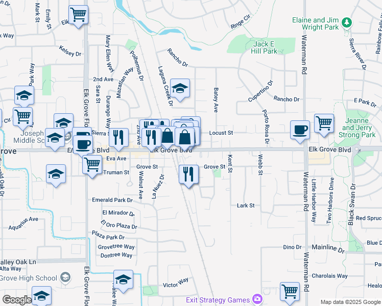 map of restaurants, bars, coffee shops, grocery stores, and more near 9081 Elk Grove Boulevard in Elk Grove