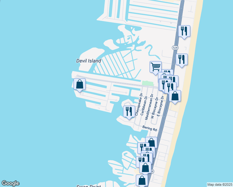 map of restaurants, bars, coffee shops, grocery stores, and more near 615 Salt Spray Road in Ocean City