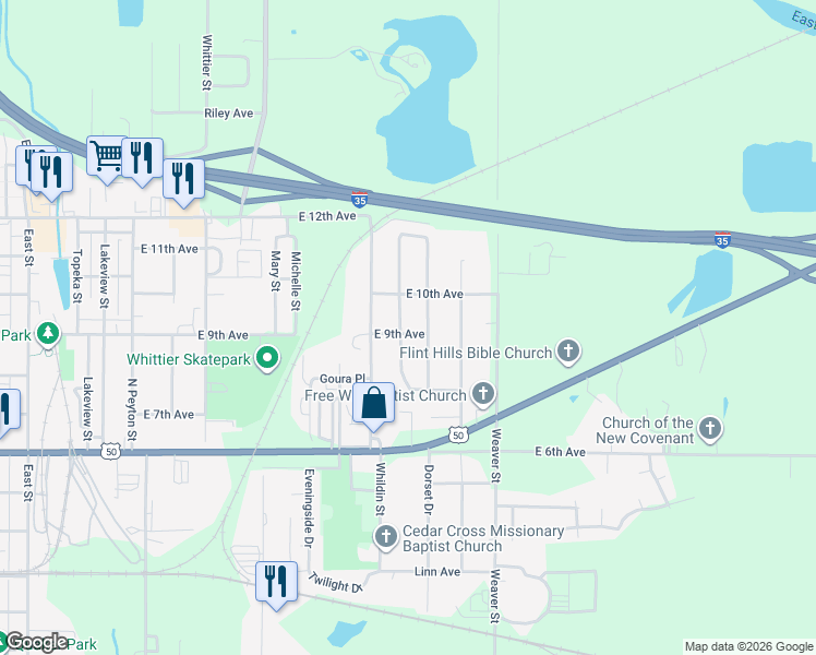 map of restaurants, bars, coffee shops, grocery stores, and more near 908 Waverly Way in Emporia