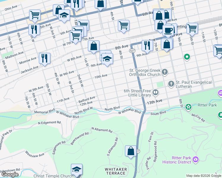 map of restaurants, bars, coffee shops, grocery stores, and more near 225 11th Avenue in Huntington