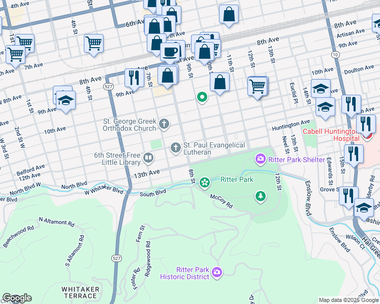 map of restaurants, bars, coffee shops, grocery stores, and more near 825 12th Avenue in Huntington