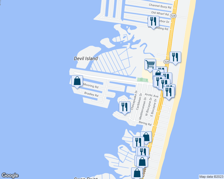 map of restaurants, bars, coffee shops, grocery stores, and more near 611 Salt Spray Road in Ocean City